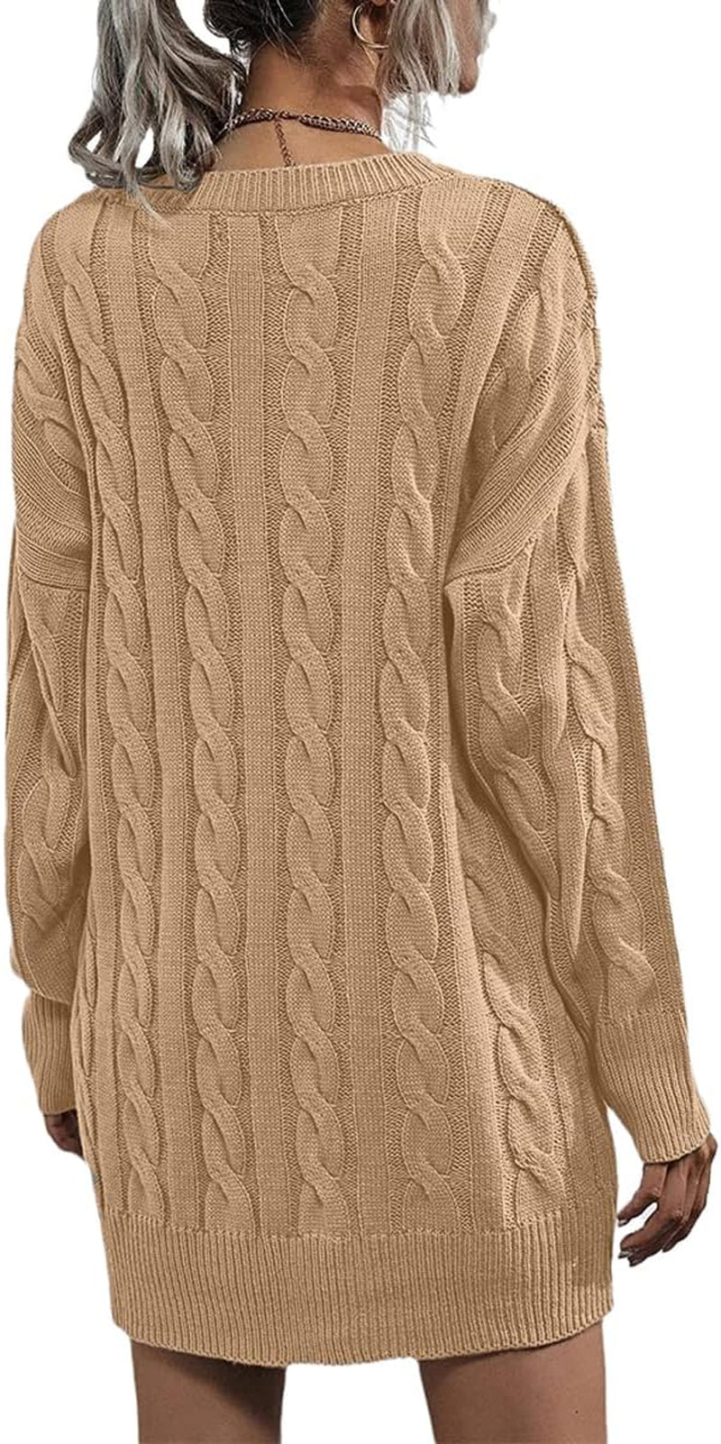 Womens Sweater Dress Crewneck Long Sleeve Cable Knitted Dress Casual Loose Knit Mini Dress Khaki