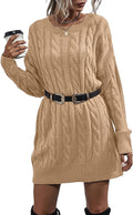 Womens Sweater Dress Crewneck Long Sleeve Cable Knitted Dress Casual Loose Knit Mini Dress Khaki