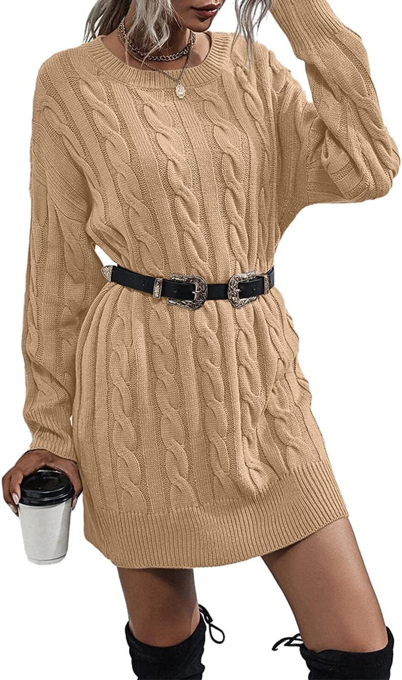 Womens Sweater Dress Crewneck Long Sleeve Cable Knitted Dress Casual Loose Knit Mini Dress Khaki